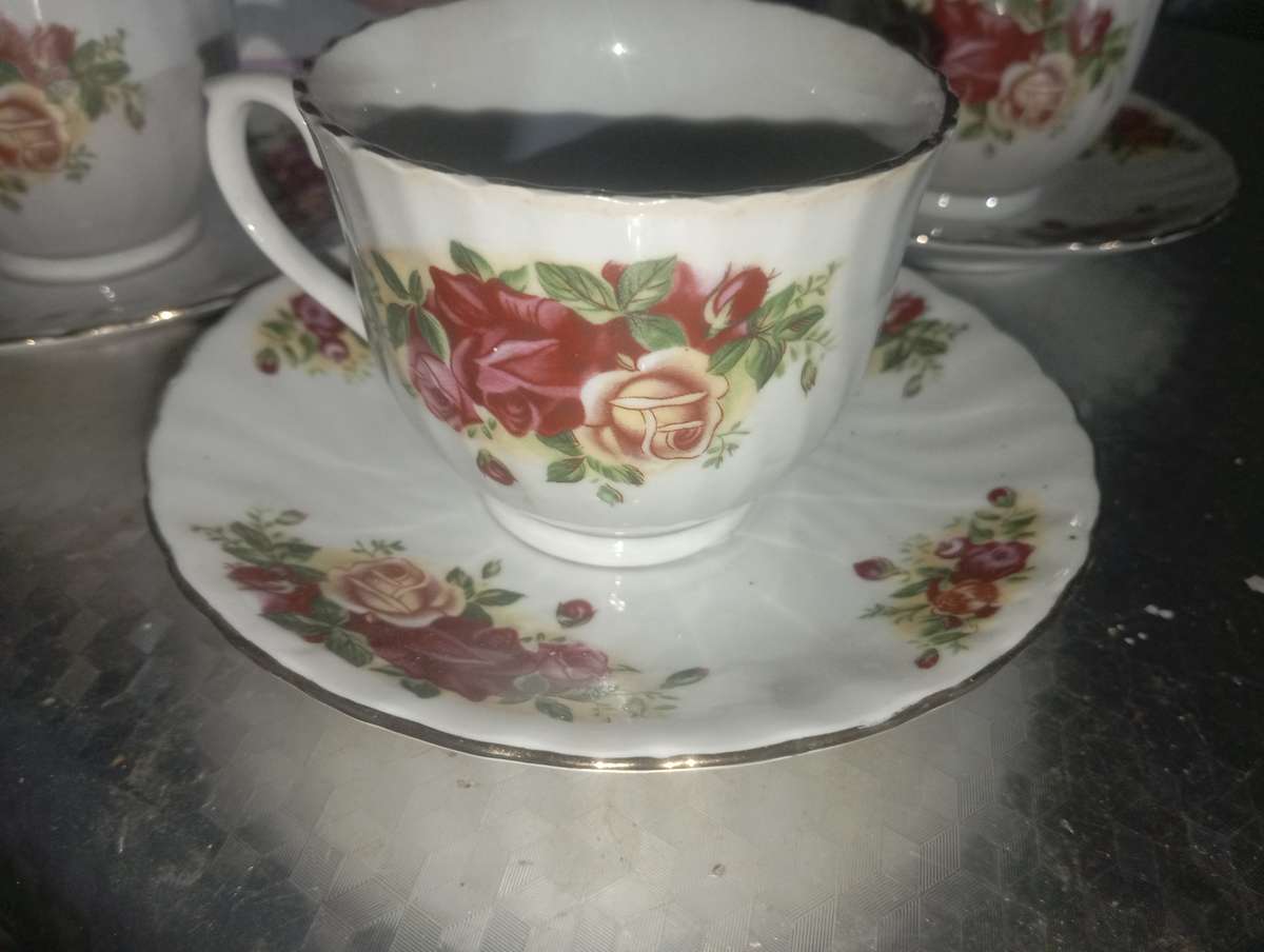 Antique 18kt Gold Plated English Rose Pattern Tea Set. Hallmark Picture Attached