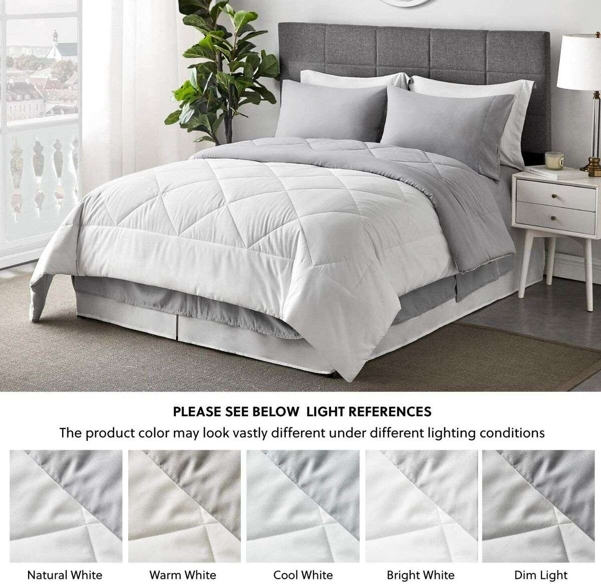 5pc Reversible Comforter Set Queen White/L Grey