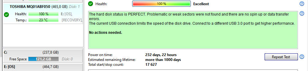 TOSHIBA MQ01ABFO50 500GB NOTEBOOK (2.5") HARD DISK - 100% HEALTH