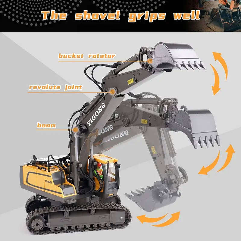 RC Excavator Toy  11CH Hydraulic Arm with Alloy Bucket & Sand-Climbing Power