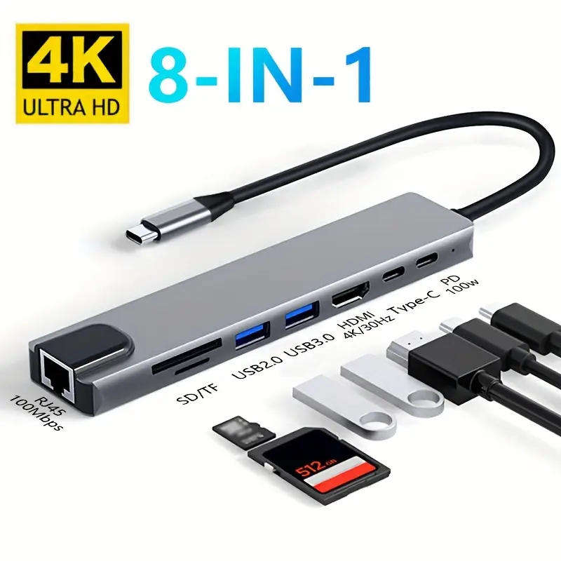 8-in-1 USB-C Hub with 4K HDTV Adapter + PD 100W Charging | High-Speed Connectivity for Laptops