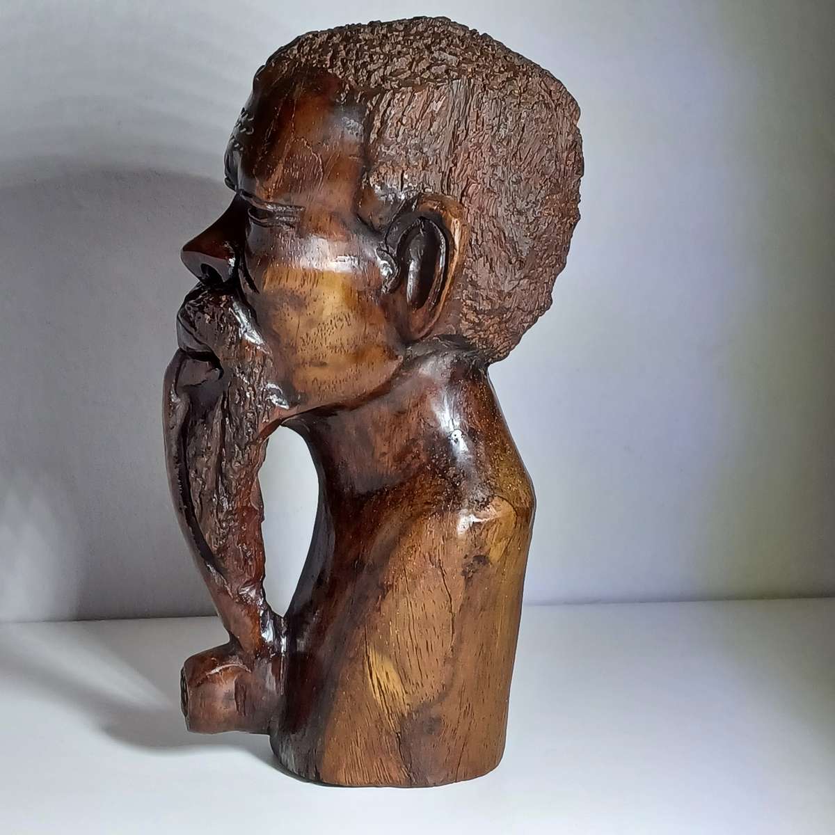 African Hand Carved Wooden Head with Pipe (25cm)