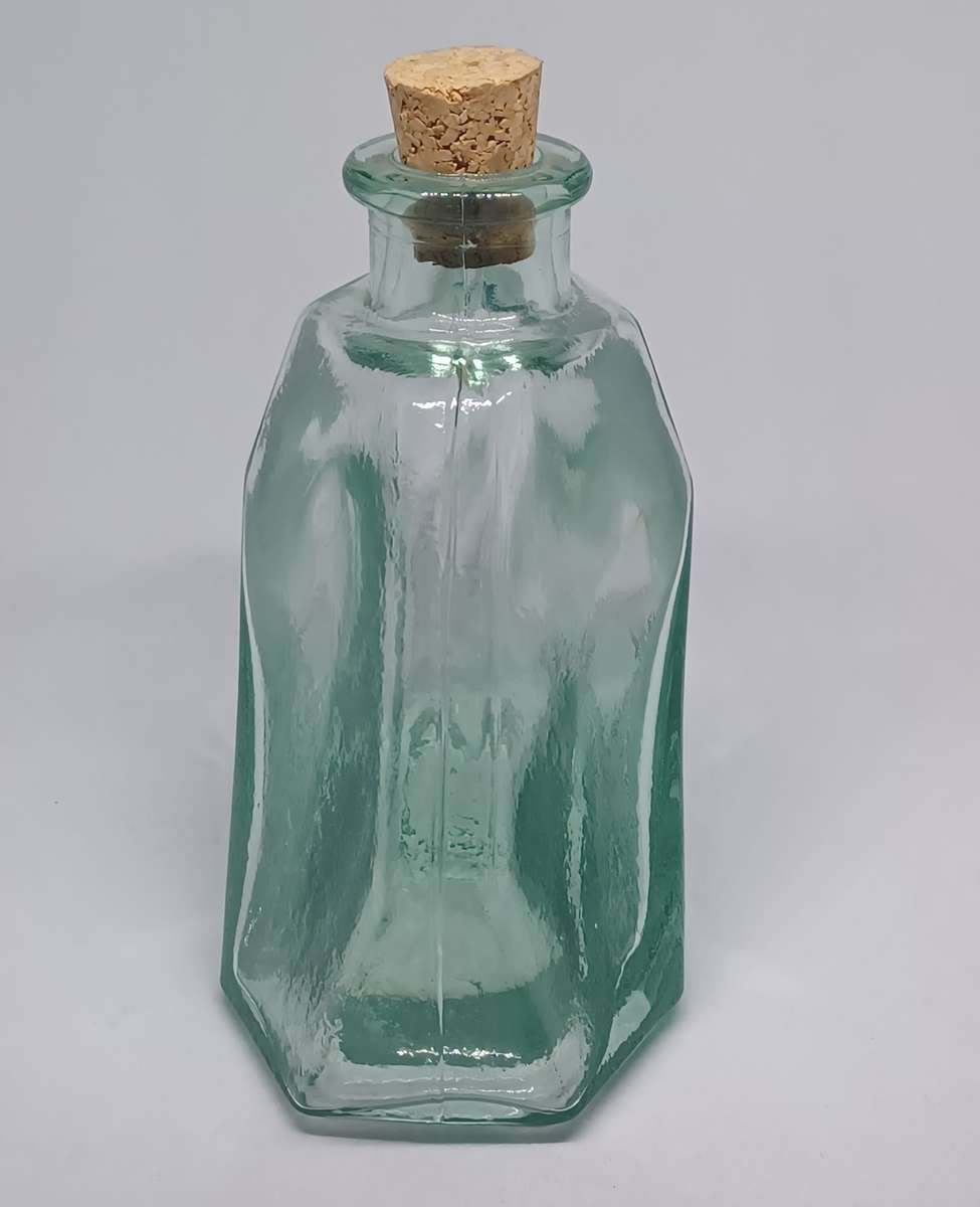 Vintage Aqua Glass Bottle with Cork - Apothecary Serving Decanter ( h12cm x 14cm x 6.5cm)