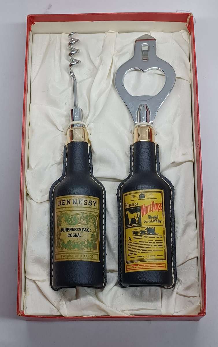 Vintage White Horse Scotch Whiskey Bottle Opener and Vintage Hennessy Cork Screw / Leather