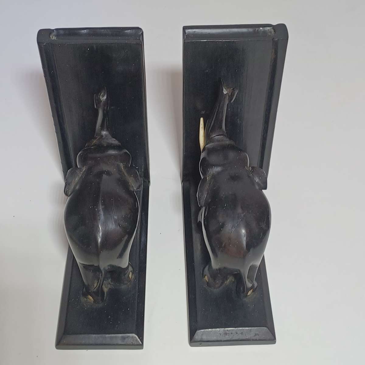 Antique Ebony Elephant Book Ends Circa 1890 - 1 tusk ( 15.5cm x 7cm x 14cm)