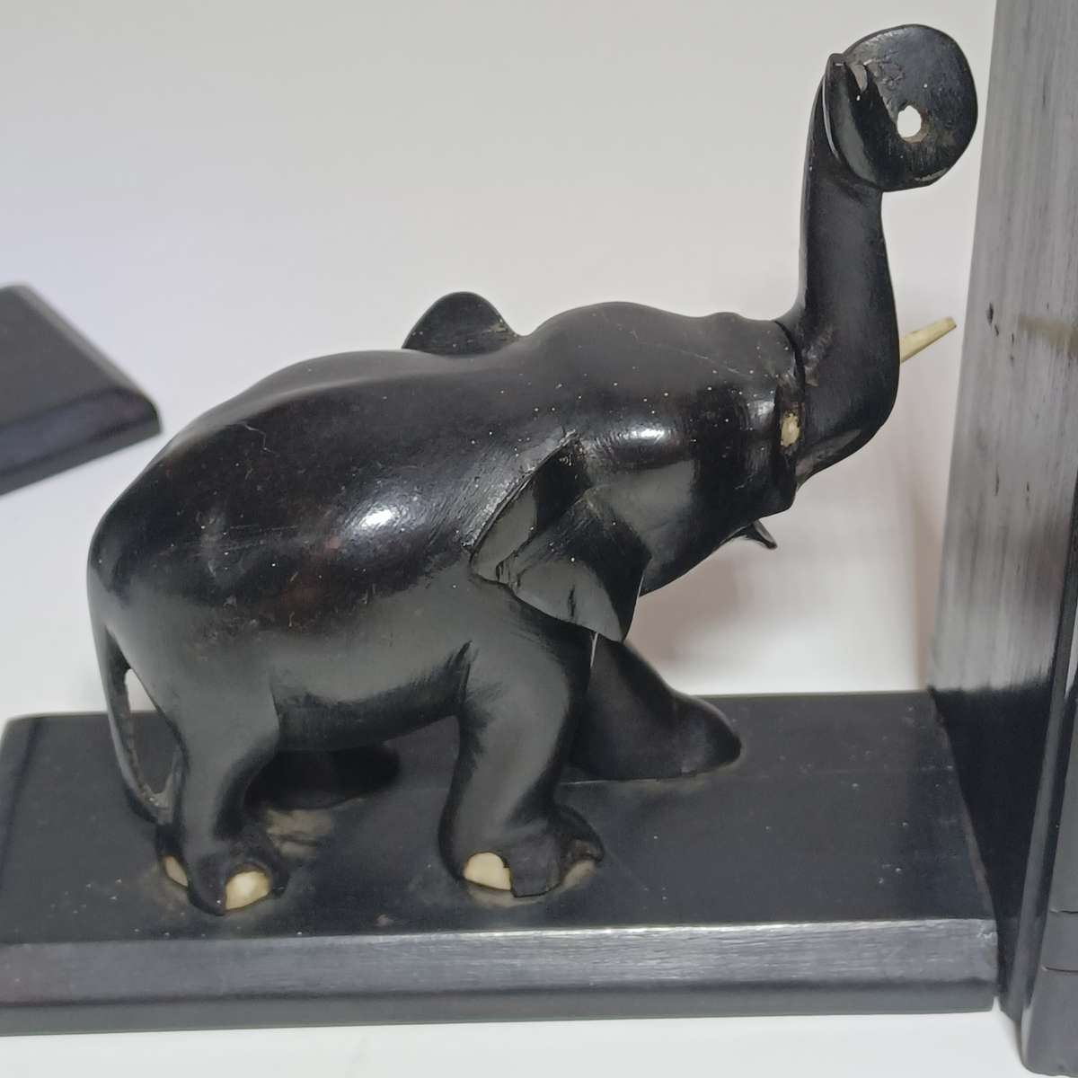 Antique Ebony Elephant Book Ends Circa 1890 - 1 tusk ( 15.5cm x 7cm x 14cm)