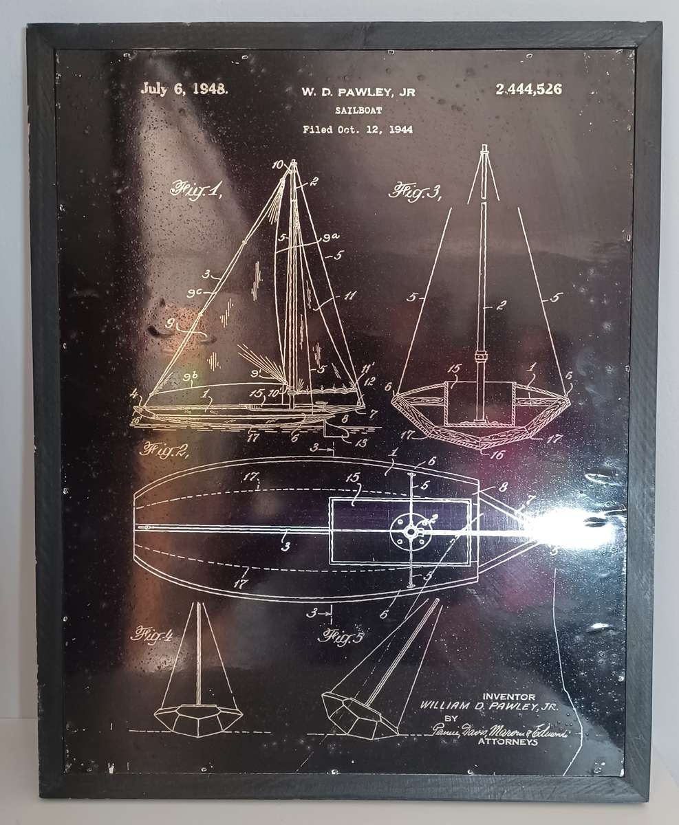 1948 Sailboat Patent Artwork on Tin/metal and Framed - (50cmx40cm)