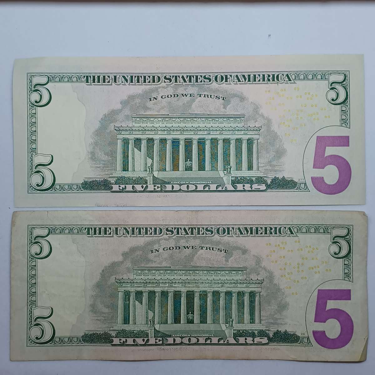 2x 2013 Authentic Five US Dollar Bill