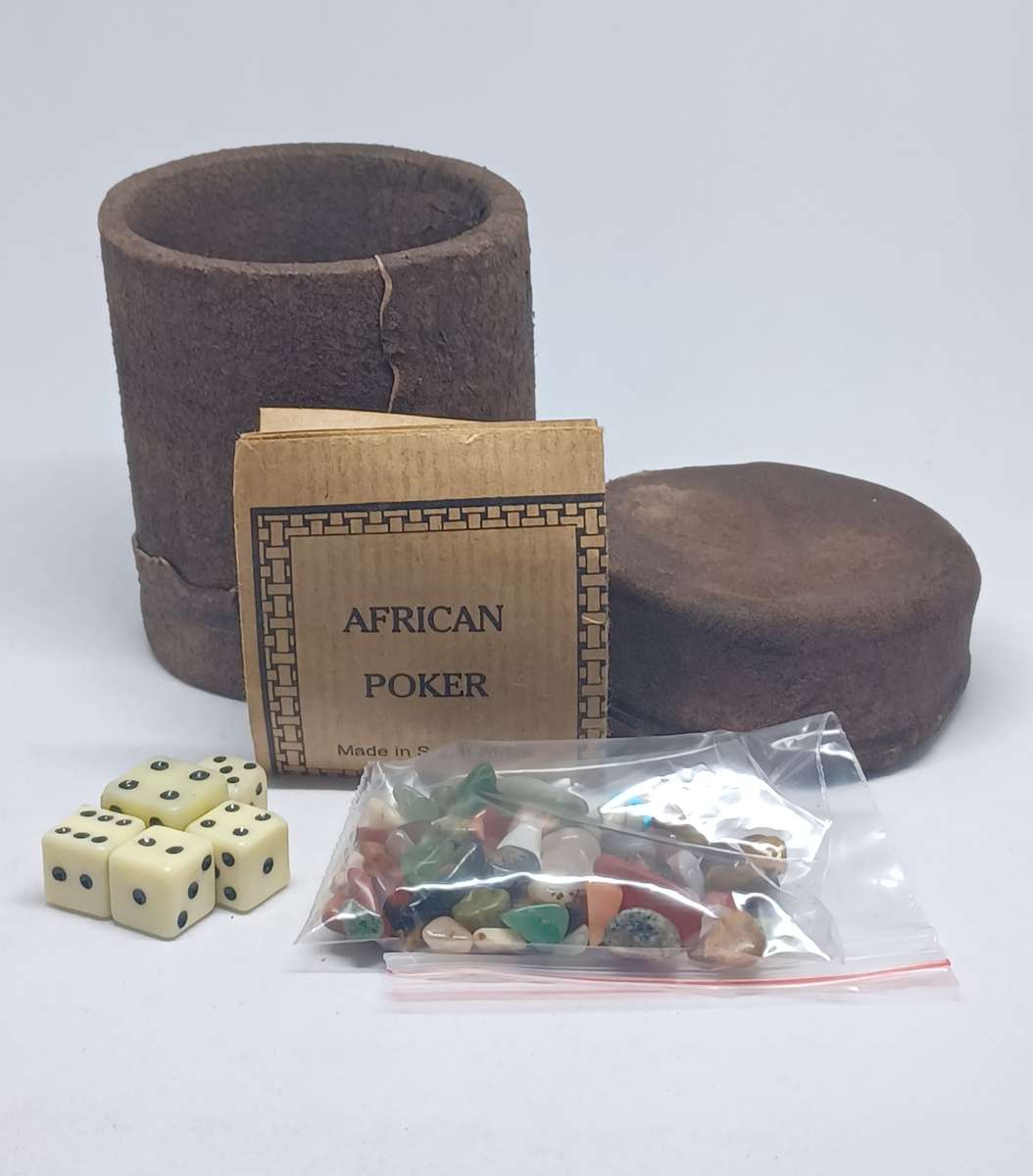 Vintage African Poker game set in impala leather container (7.2cm x 6cm)
