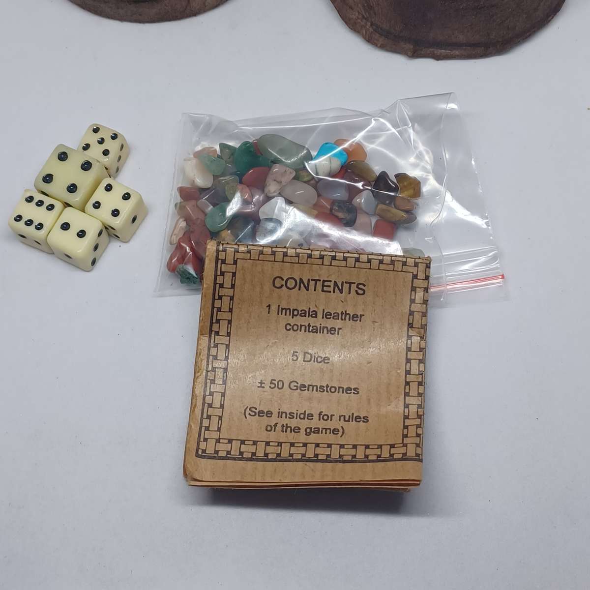 Vintage African Poker game set in impala leather container (7.2cm x 6cm)