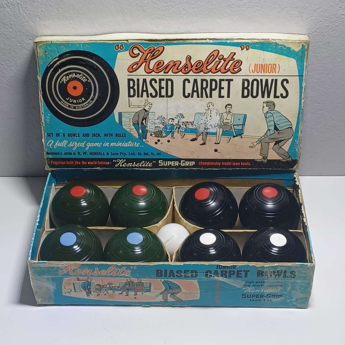 Vintage Henselite Junior Biased Carpet Bowls  Original Box