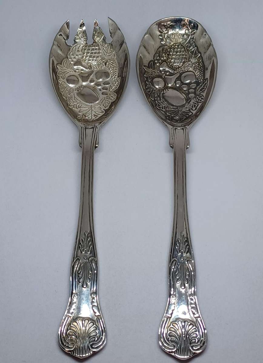 Silver Plated Salad Spoon & Fork Set Vegetable Design With Box (22,4cm)
