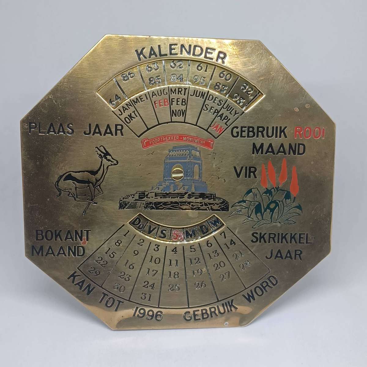 1947 Vintage Brass Voortrekker Monument 50 Year Perpetual Calendar (12.8cm x 13.5cm)
