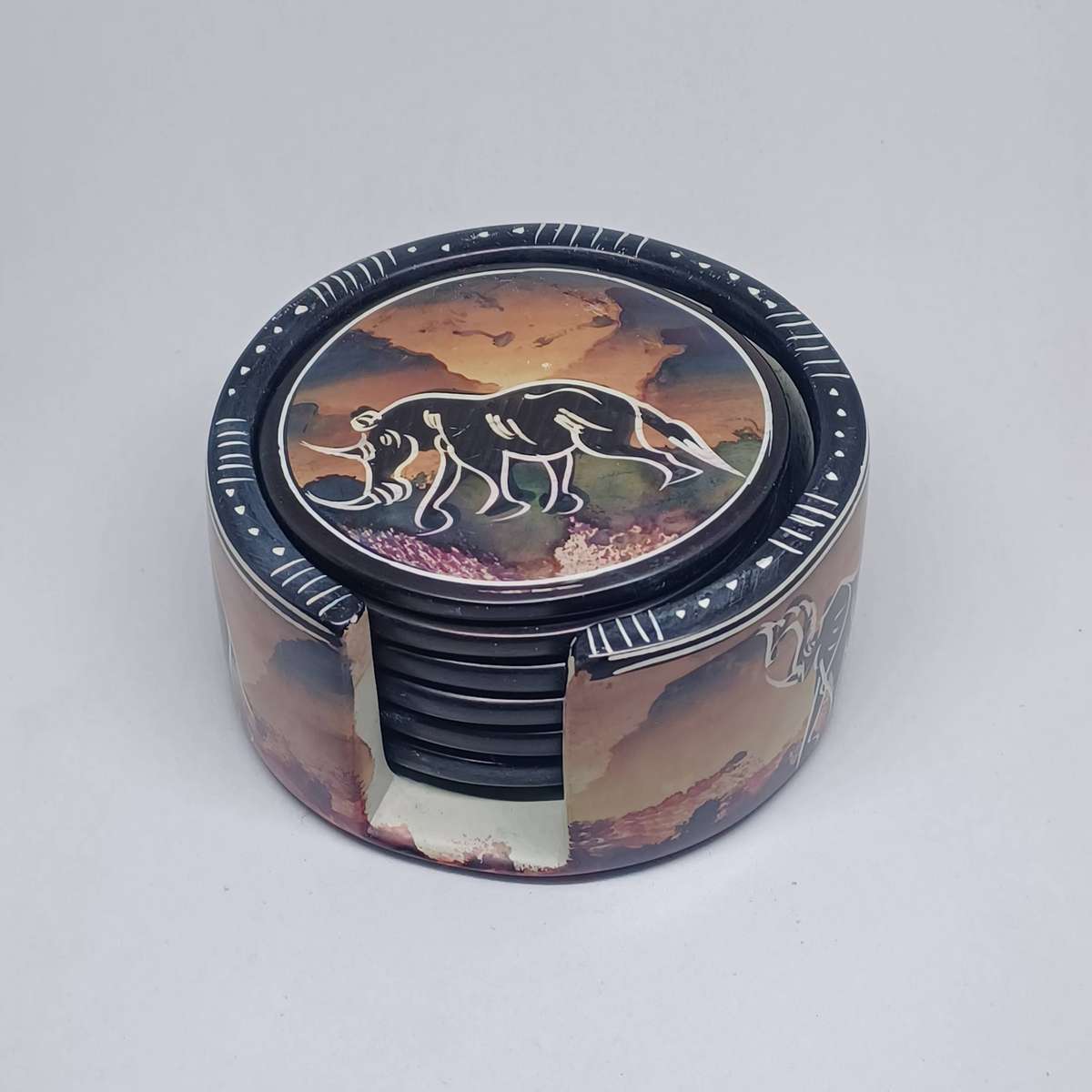 6 African Safari Hand Painted Soapstone Coasters Set Animals with Holder