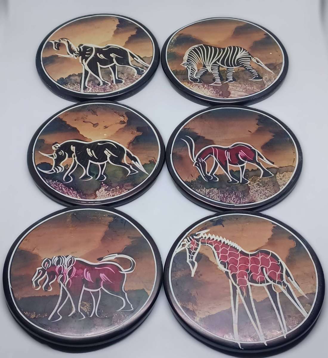 6 African Safari Hand Painted Soapstone Coasters Set Animals with Holder