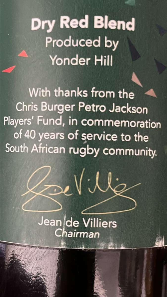 Rugby Collectors - Burger/Jackson Players Fund 40 Years Celebratory Bottle of Wine, details below