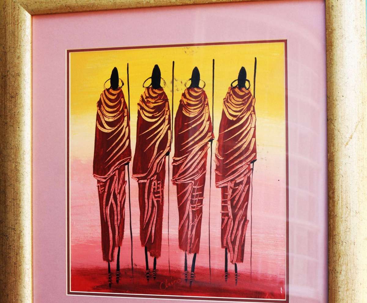 AFRICAN MAASAI WARRIORS FRAMED SIGNED ORIGINAL ART BY CHIPO