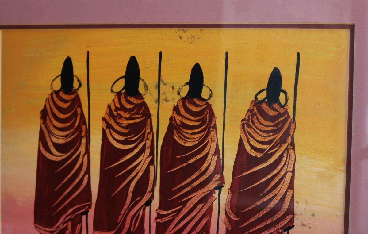 AFRICAN MAASAI WARRIORS FRAMED SIGNED ORIGINAL ART BY CHIPO