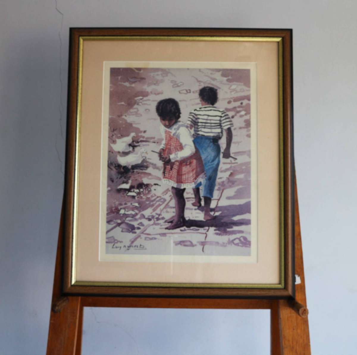 Painting by Lucy.M.Wiles - Little Boy And Girl with white Ducks