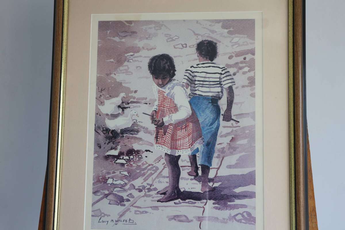 Painting by Lucy.M.Wiles - Little Boy And Girl with white Ducks
