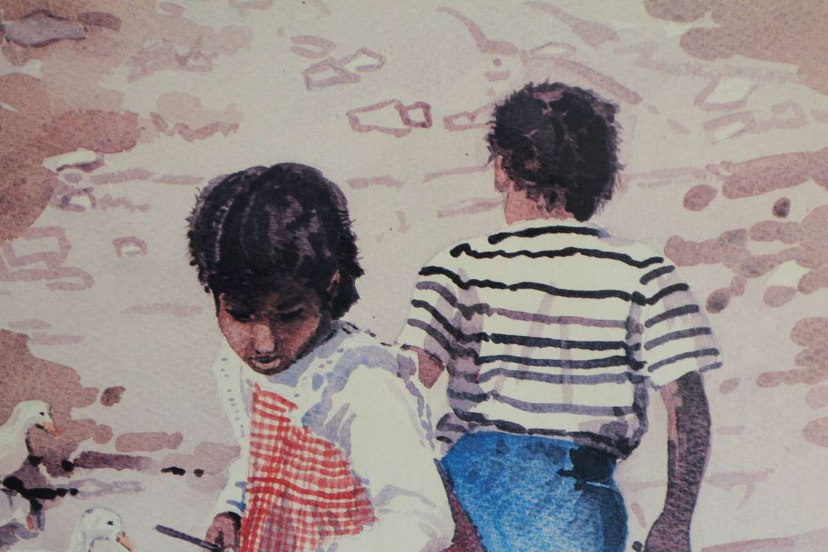 Painting by Lucy.M.Wiles - Little Boy And Girl with white Ducks