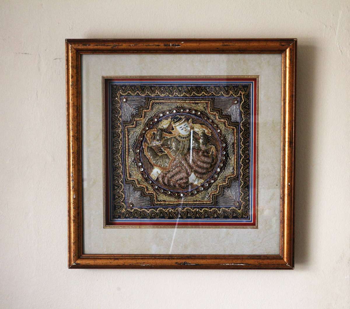 Mid 20th Century Framed Burmese 37.5 X 38.5 Kalaga Tapestry