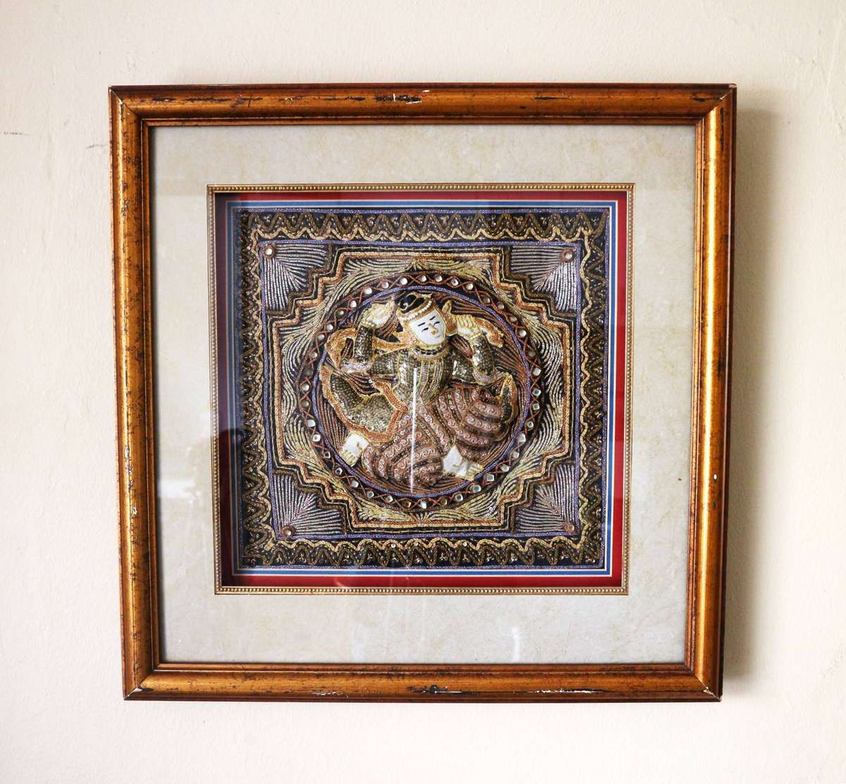 Mid 20th Century Framed Burmese 37.5 X 38.5 Kalaga Tapestry