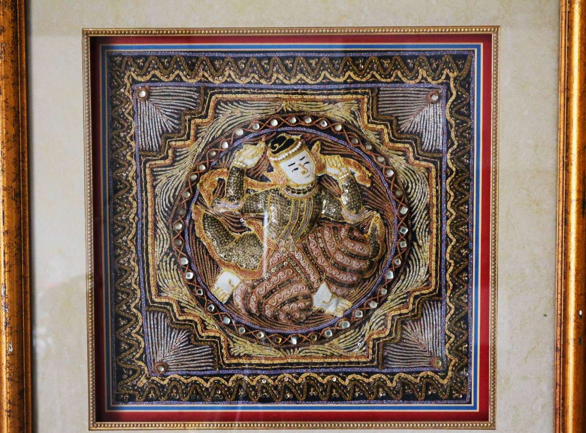 Mid 20th Century Framed Burmese 37.5 X 38.5 Kalaga Tapestry