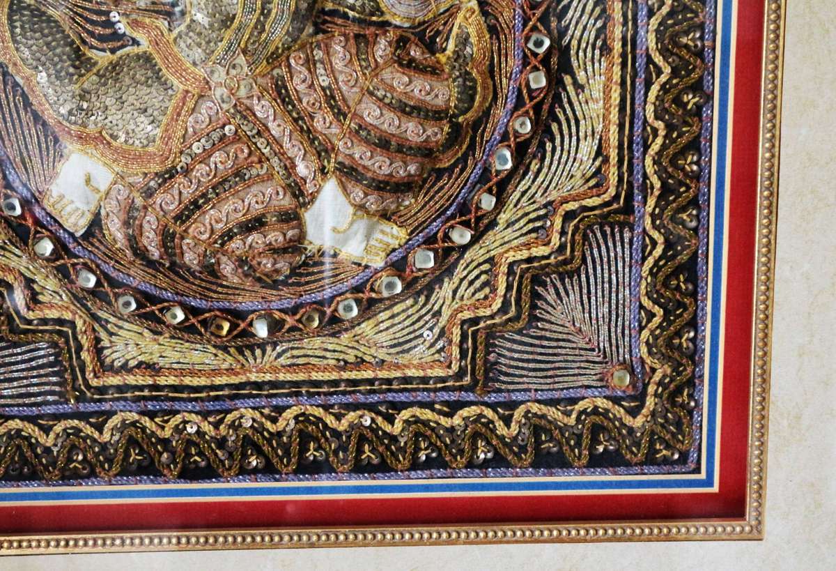 Mid 20th Century Framed Burmese 37.5 X 38.5 Kalaga Tapestry