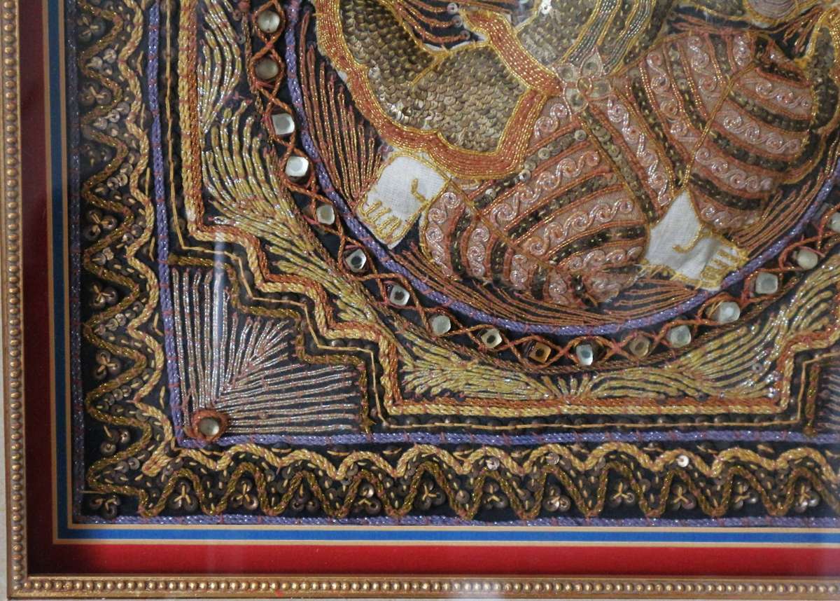 Mid 20th Century Framed Burmese 37.5 X 38.5 Kalaga Tapestry