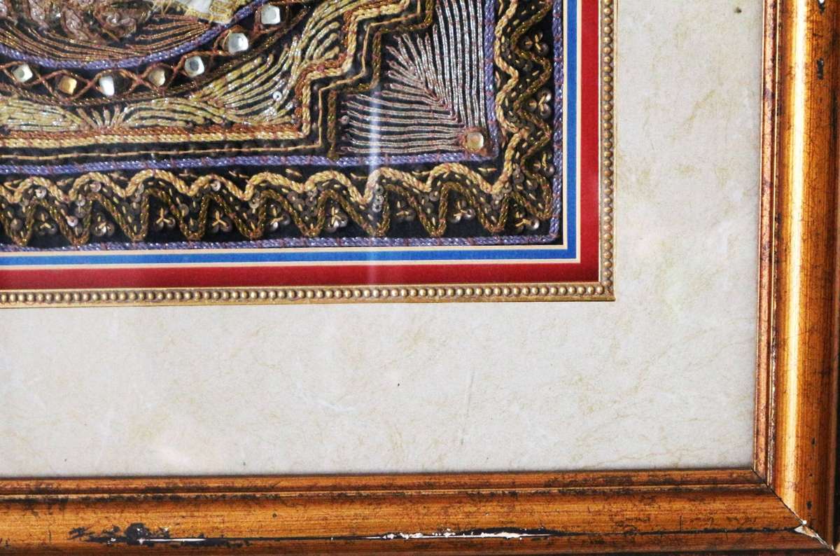 Mid 20th Century Framed Burmese 37.5 X 38.5 Kalaga Tapestry