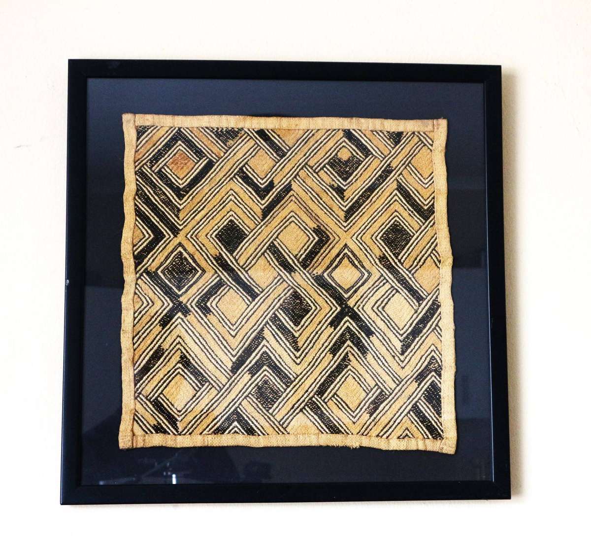 Vintage woven Kuba Cloth Raffia Textile Traditional African Congo Framed