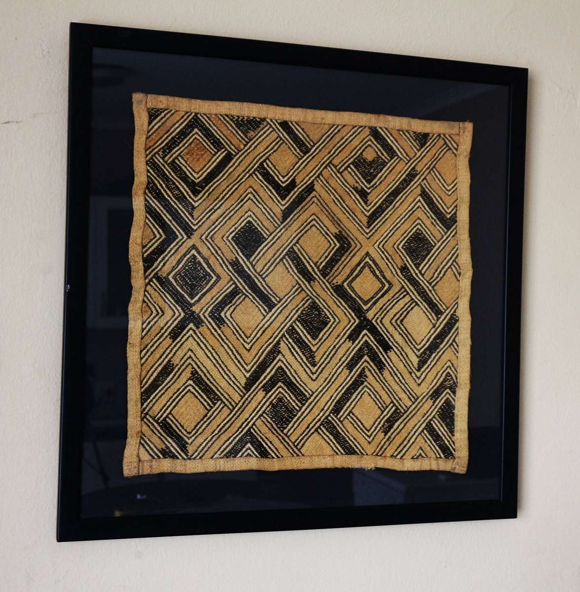 Vintage woven Kuba Cloth Raffia Textile Traditional African Congo Framed