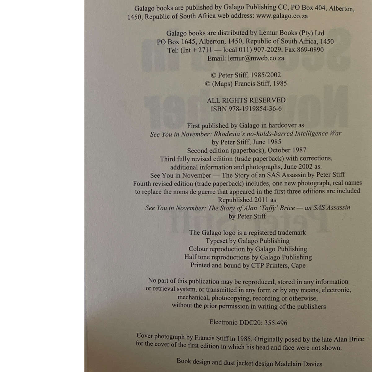 1985 See You In November, The story of Alan "Taffy" Brice An SAS Assassin by Peter Stiff Softcover