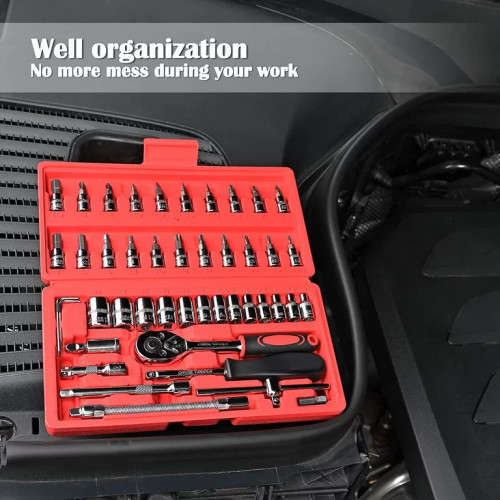 46PCS 1/4 INCH SOCKET SET AUTO REPAIR TOOLS RATCHET SET TORQUE WRENCH COMBINATION DRILL BITS