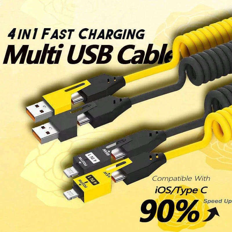 4 In 1 Spring Charging Cable - 65W USB To USB C Cable