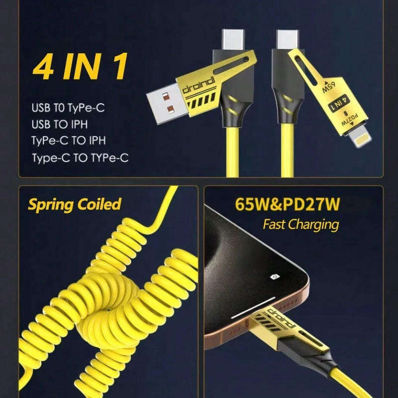 4 In 1 Spring Charging Cable - 65W USB To USB C Cable