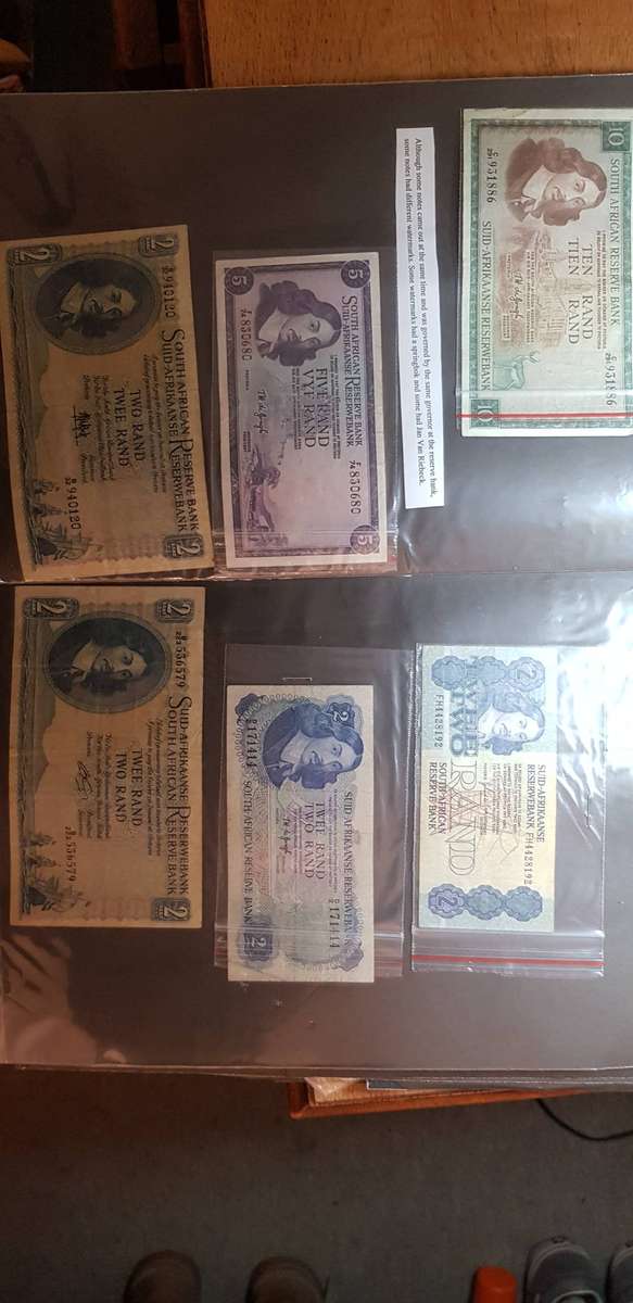 11 SA banknotes - 1 Pound, Large 1 Rand, 2 Rand and 10 Rand, 5 Rand