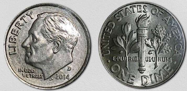 2014-D Roosevelt Dime USA UNC Full Bands Strong Details Slight Broad-strike Error