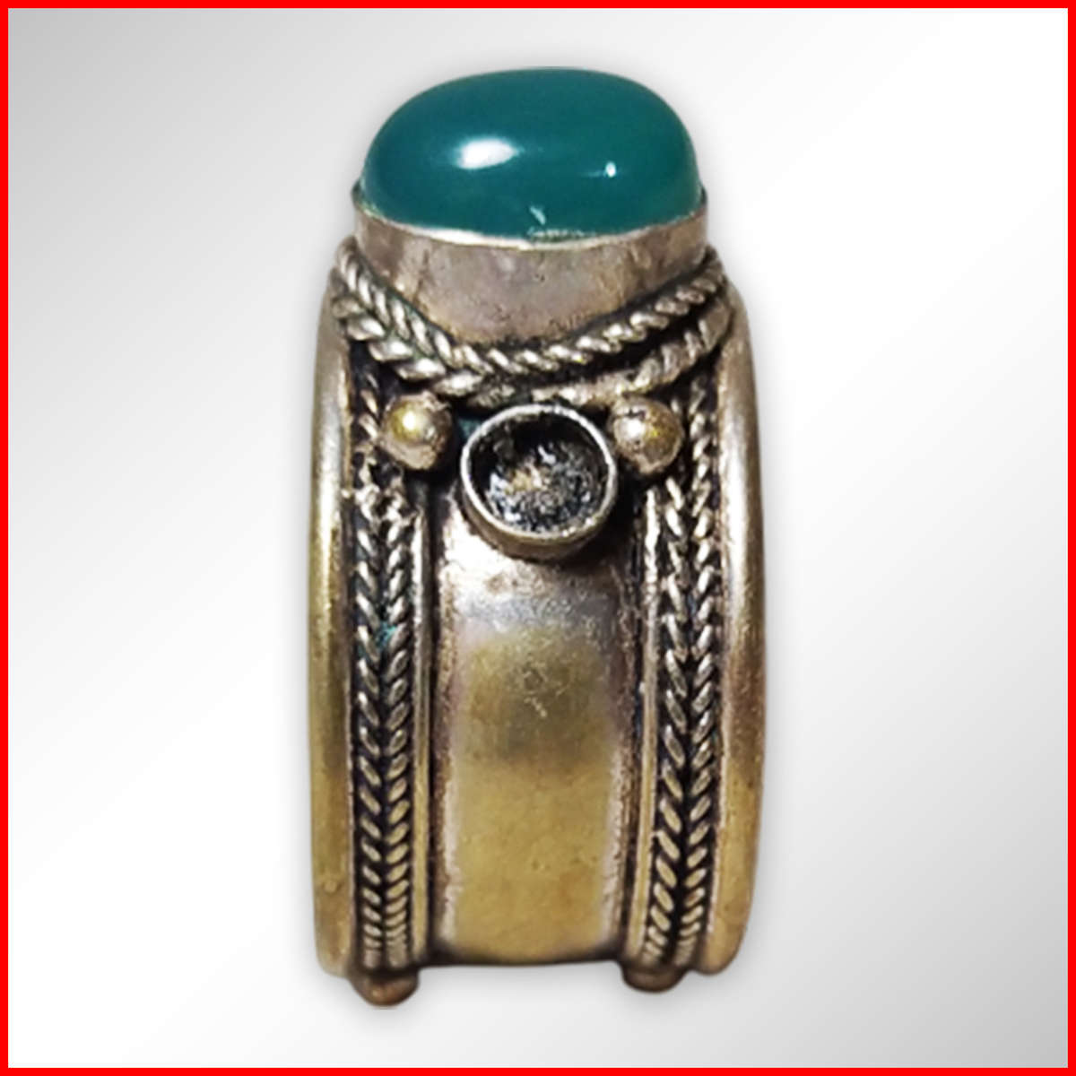 Vintage Tibetan Ring With Green Onyx Stone