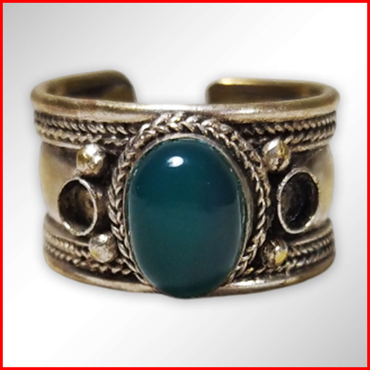 Vintage Tibetan Ring With Green Onyx Stone