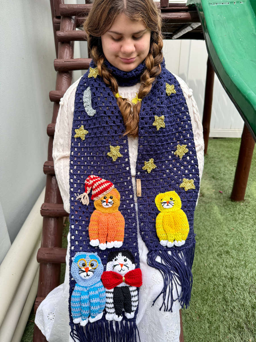 Handmade Crochet Cat Scarf  Navy Blue Winter Scarf with 3D Cats SA