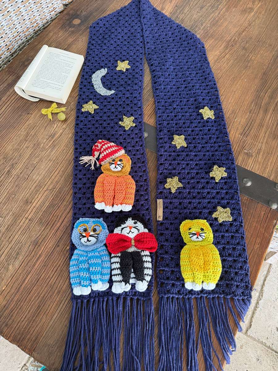 Handmade Crochet Cat Scarf  Navy Blue Winter Scarf with 3D Cats SA