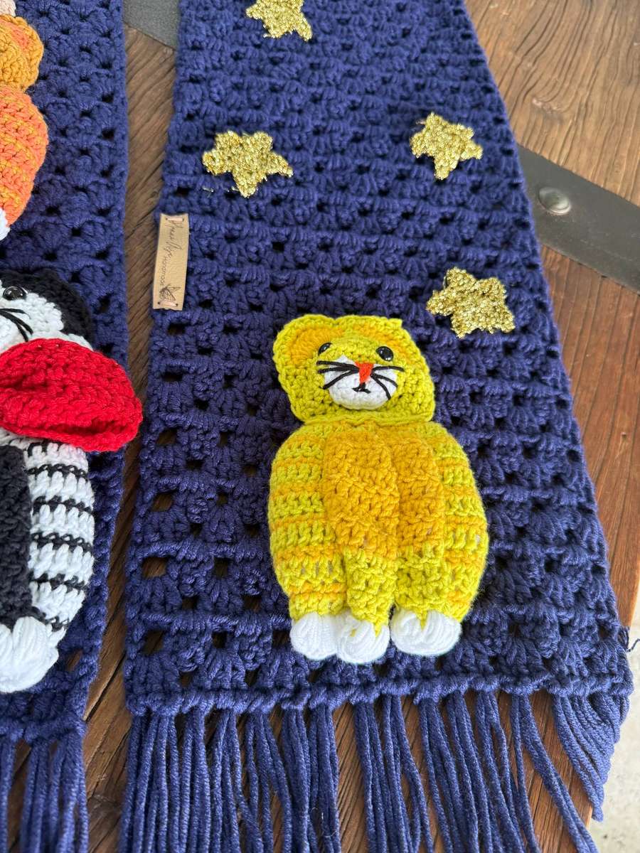 Handmade Crochet Cat Scarf  Navy Blue Winter Scarf with 3D Cats SA