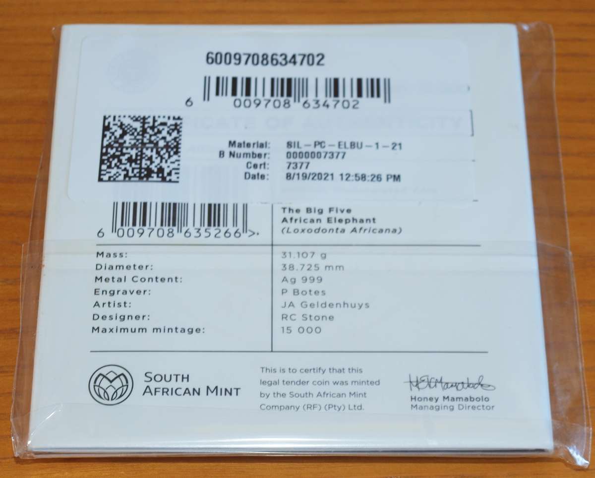 2021 Big 5 Series 2 - Elephant - Brilliant Uncirculated 1oz Silver Blister pack