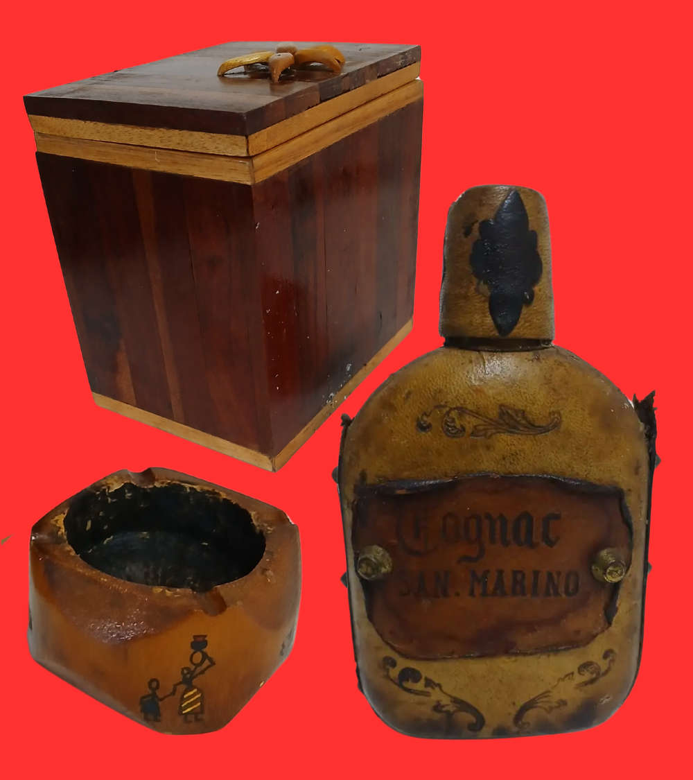 vintage bottle of Cognac San Marino & African bamboo ashtray, handmade + small box