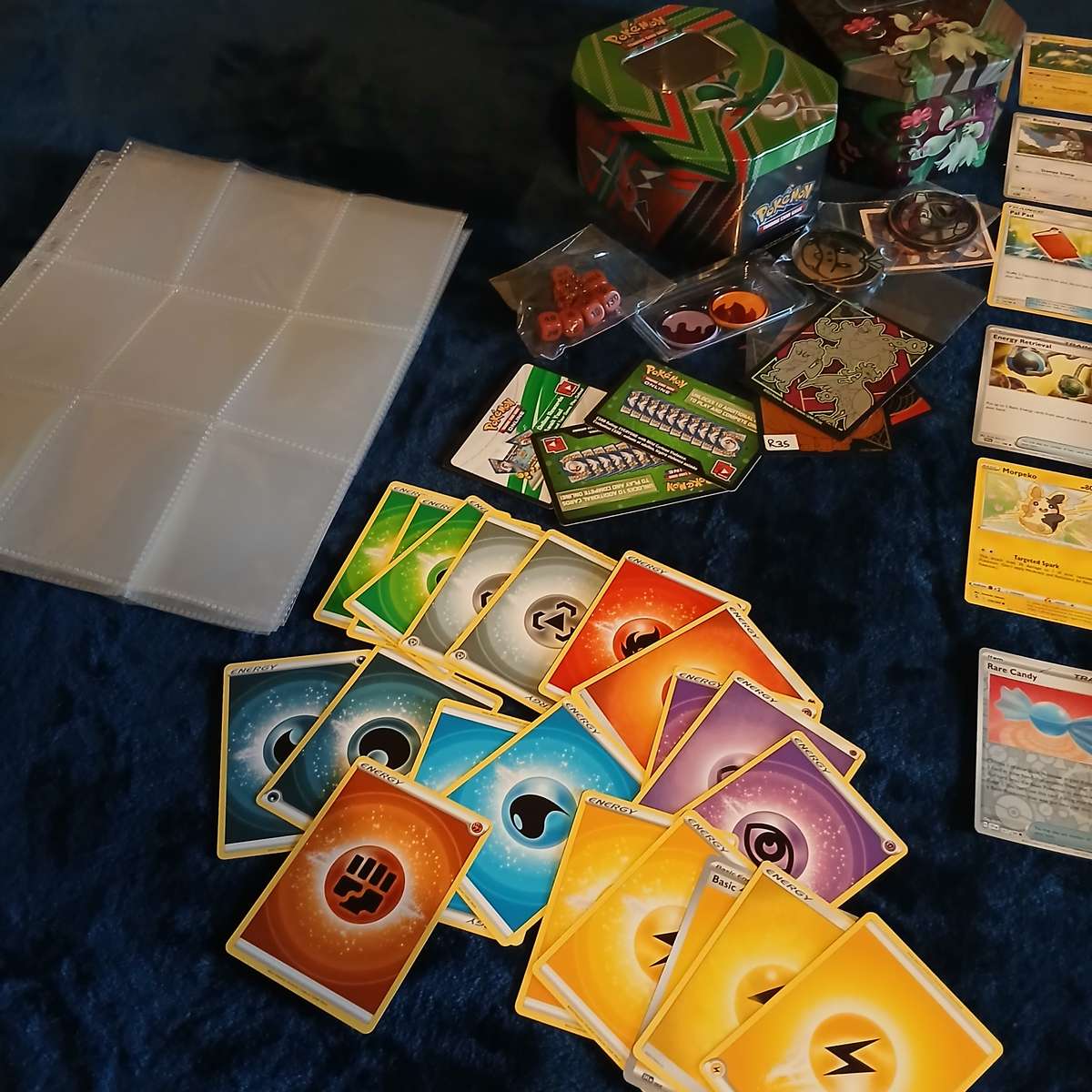 Pokemon card collection 106 cards & 2 tins & tokens (PLUS mystery pack of cards)