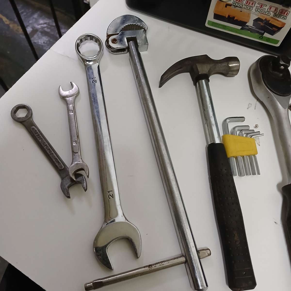 toolbox with various hand tools.