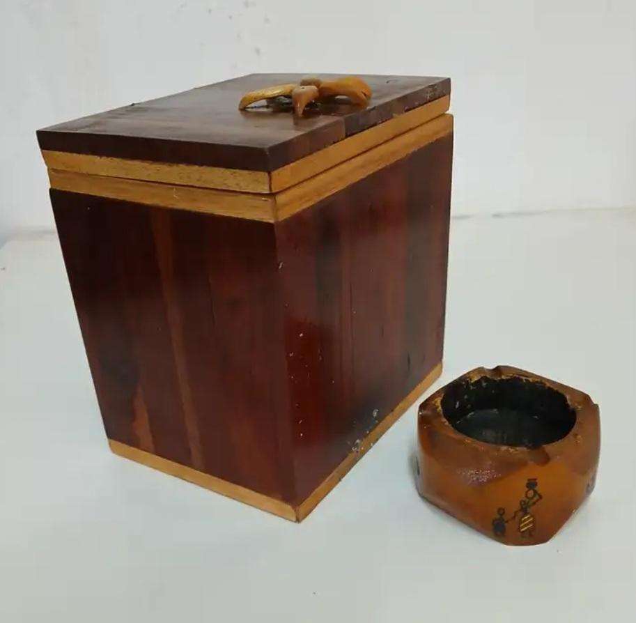 vintage bottle of Cognac San Marino & African bamboo ashtray, handmade + small box