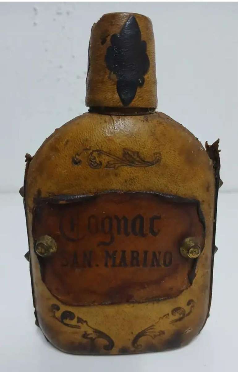 vintage bottle of Cognac San Marino & African bamboo ashtray, handmade + small box